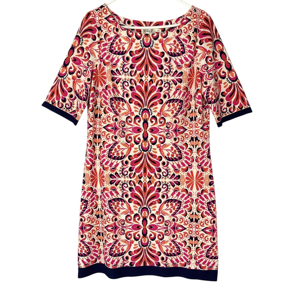 Eliza J Pink Orange Medallion Shift Dress 12 Pullover Boat Neck Short Sleeve
